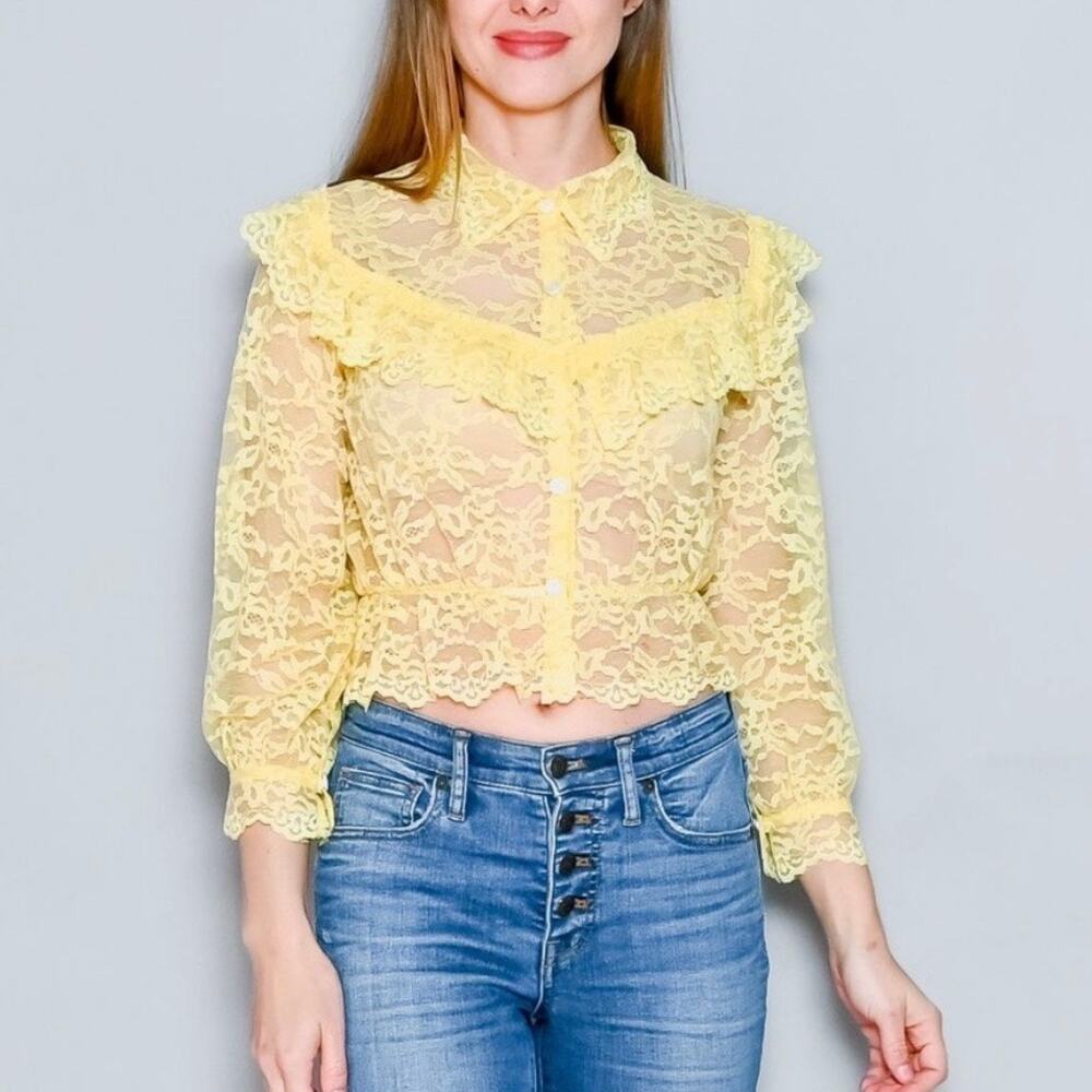 Calvin Luo yellow sheer floral lace ruffle-trim long sleeve blouse NEW SMALL
